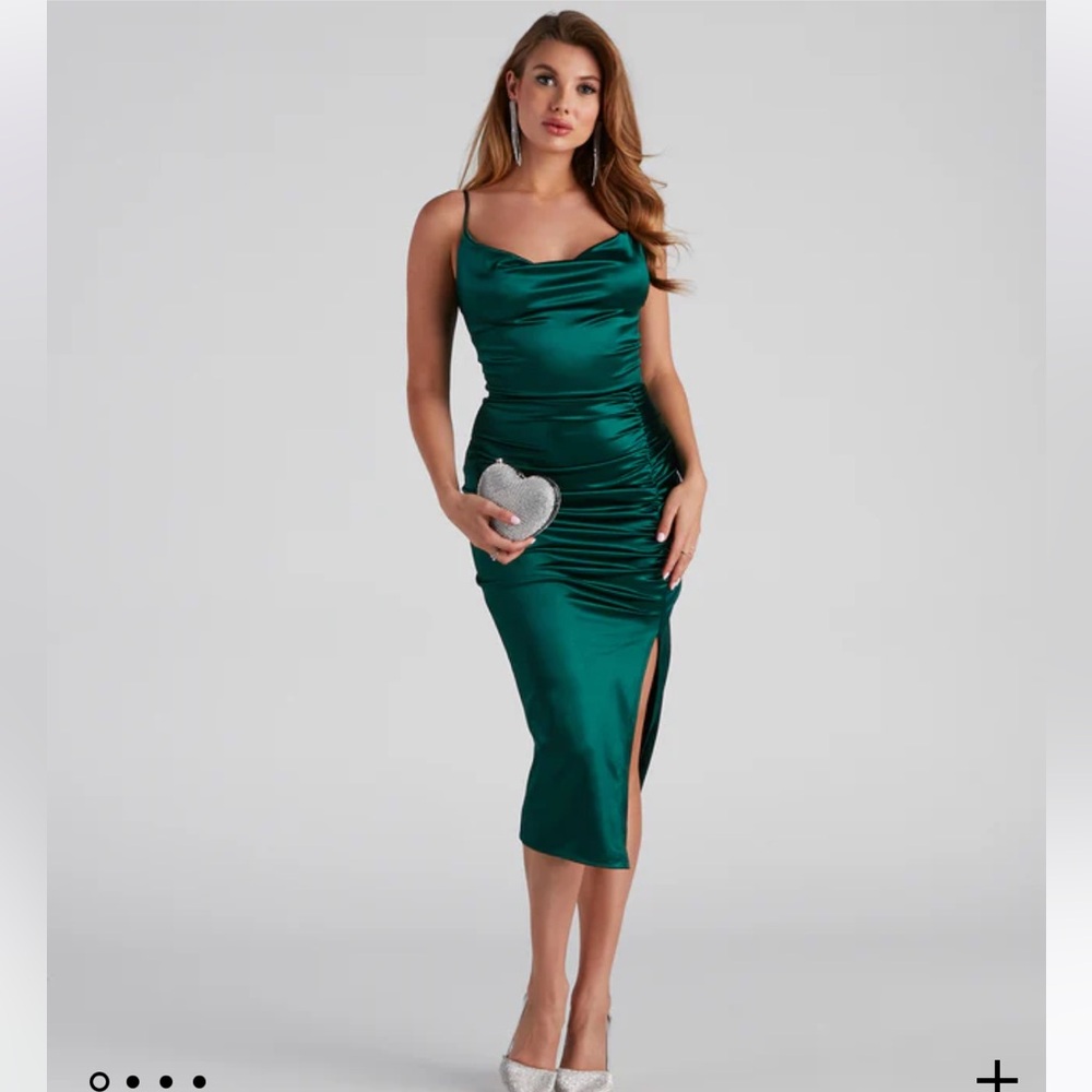 Windsor Natalia Cowl Neck Satin Green Dress NWT